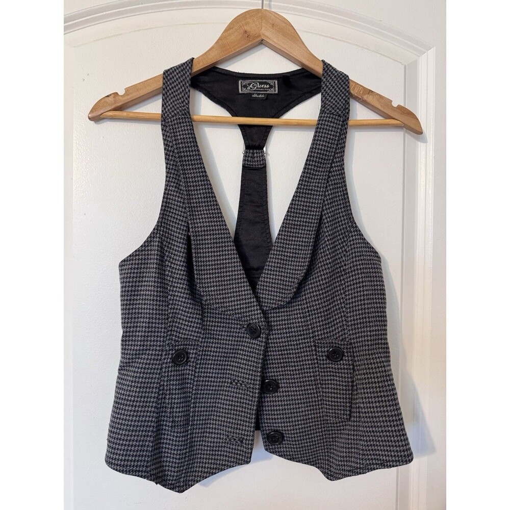 Vintage Y2K Guess Houndstooth Waistcoat Racerback Vest Medium Gray Black Grunge